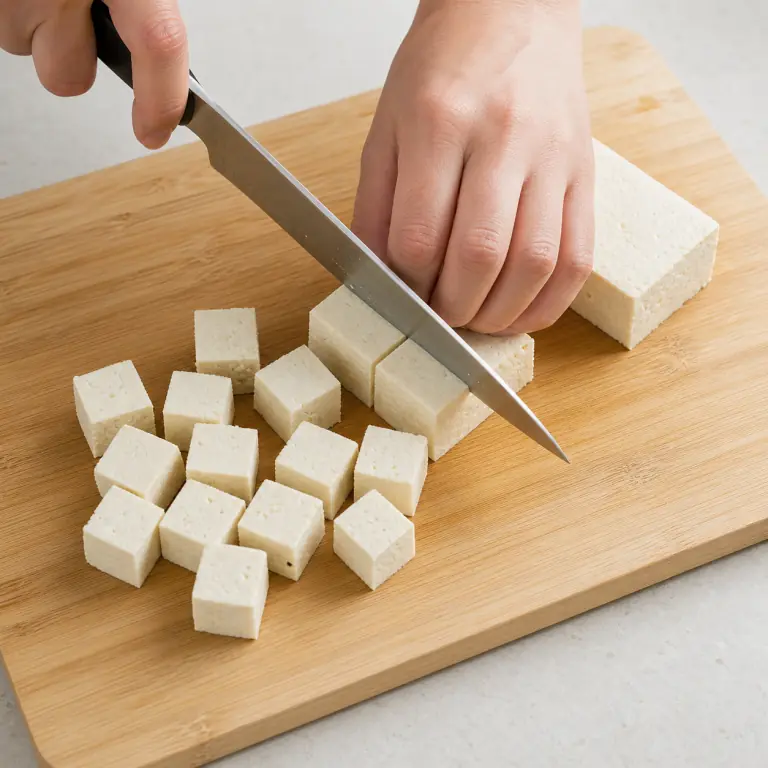 Gros plan pédagogique d'une main adulte qui égoutte et éponge 180 g de tofu, puis coupe-le en cubes réguliers de 2 cm avec les doigts repliés en griffe, avec lame visible, doigts en griffe, portion intacte et morceaux finis de taille lisible. Aucun autre aliment sur la planche.