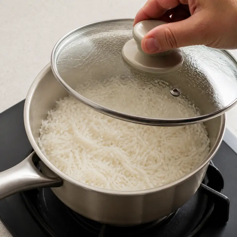 Gros plan pédagogique de fais cuire 80 g de riz basmati à petit frémissement, couvercle posé, jusqu'à absorption de l'eau. Montrer le récipient exact, une main adulte avec l'ustensile adapté et la couleur ou texture qui prouve la cuisson. Aucun autre aliment ne doit masquer le résultat.
