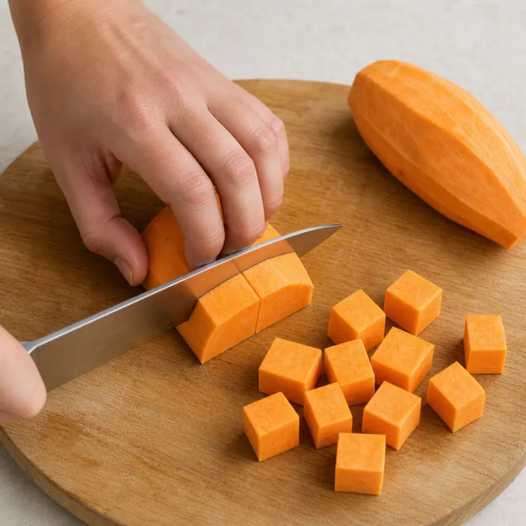 Gros plan pédagogique d'une main adulte qui épluche 250 g de patate douce, coupe-la en deux pour créer une face stable puis détaille-la en cubes réguliers de 2 cm, avec lame visible, doigts en griffe, portion intacte et morceaux finis de taille lisible. Aucun autre aliment sur la planche.