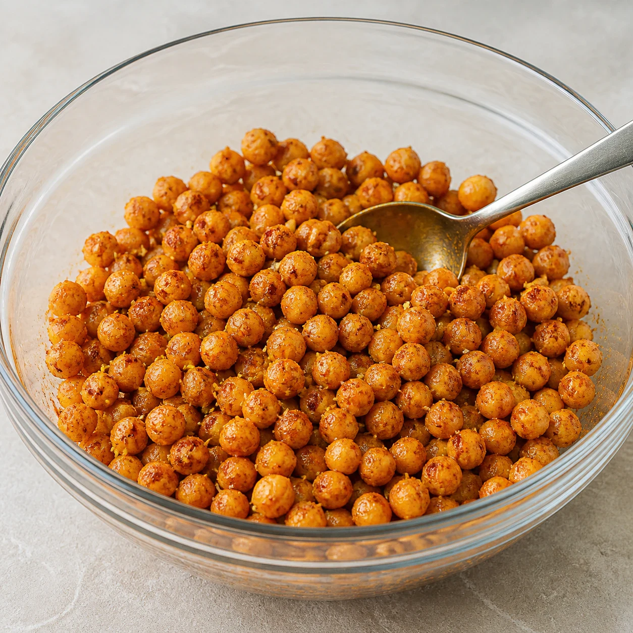 Saladier en verre contenant des pois chiches enrobés d'huile d'olive et d'épices, teinte orangée uniforme, poudre rouge de paprika et brindilles d'herbes de Provence séchées visibles, cuillère posée dans le saladier, aucun autre ingrédient, aucune main, aucun texte.