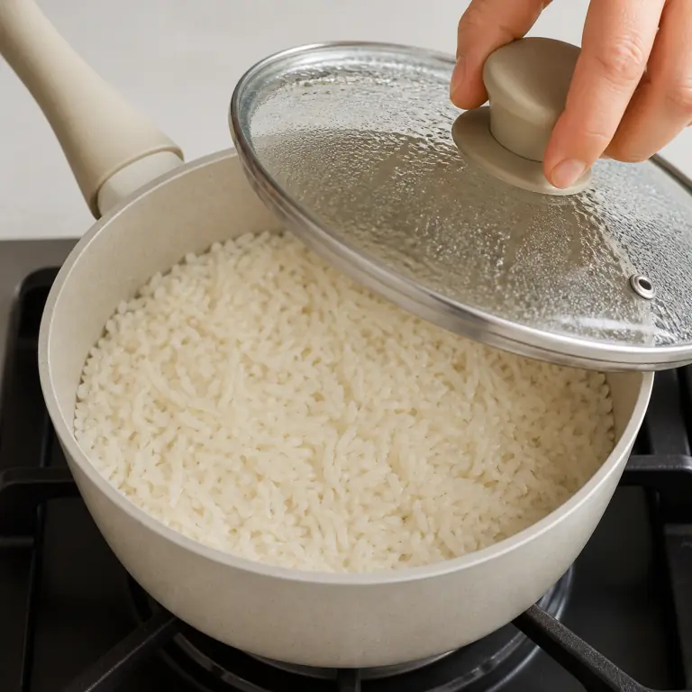 Gros plan pédagogique de fais cuire 80 g de riz basmati à petit frémissement, couvercle posé, jusqu'à absorption de l'eau. Montrer le récipient exact, une main adulte avec l'ustensile adapté et la couleur ou texture qui prouve la cuisson. Aucun autre aliment ne doit masquer le résultat.