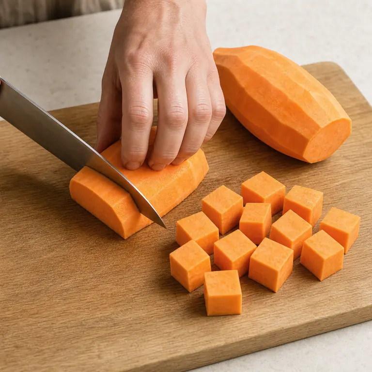 Gros plan pédagogique d'une main adulte qui épluche 250 g de patate douce, coupe-la en deux pour créer une face stable puis détaille-la en cubes réguliers de 2 cm, avec lame visible, doigts en griffe, portion intacte et morceaux finis de taille lisible. Aucun autre aliment sur la planche.