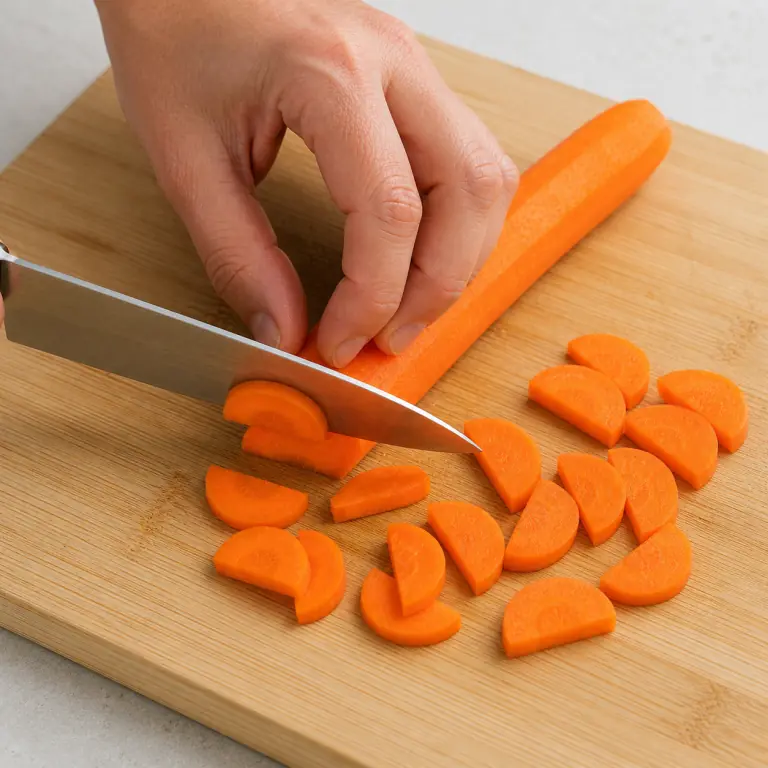 Gros plan pédagogique d'une main adulte qui épluche 150 g de carotte, stabilise-la sur la planche puis coupe-la en demi-rondelles régulières de 5 mm avec les doigts repliés en griffe, avec lame visible, doigts en griffe, portion intacte et morceaux finis de taille lisible. Aucun autre aliment sur la planche.