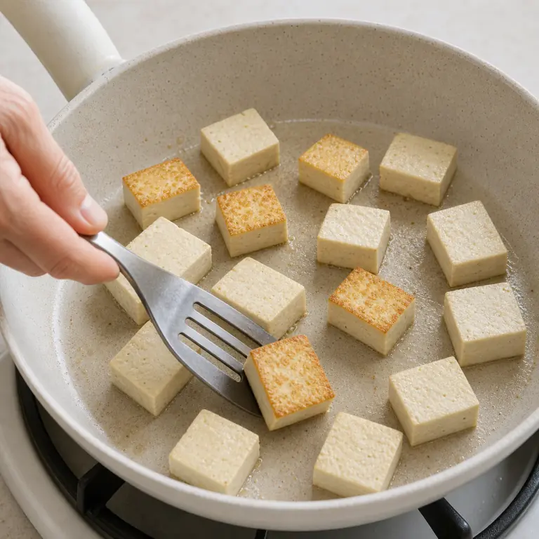 Gros plan pédagogique de fais dorer les cubes de 180 g de tofu dans une poêle chaude et retourne-les seulement quand la face du dessous est dorée. Montrer le récipient exact, une main adulte avec l'ustensile adapté et la couleur ou texture qui prouve la cuisson. Aucun autre aliment ne doit masquer le résultat.