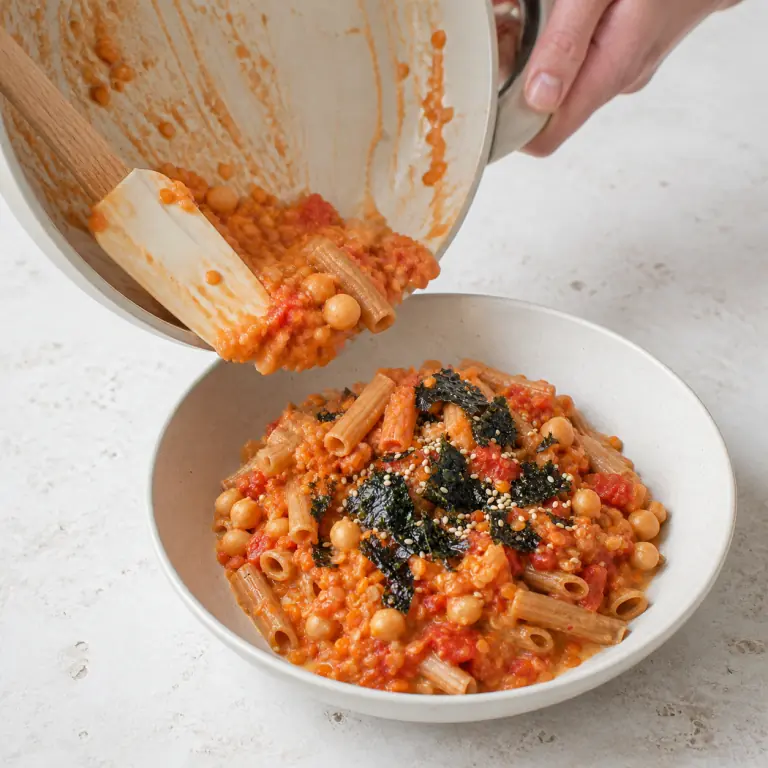 Un bol final de pâtes lentilles tomate nori avec légumes, pois chiches, nori et sésame.
