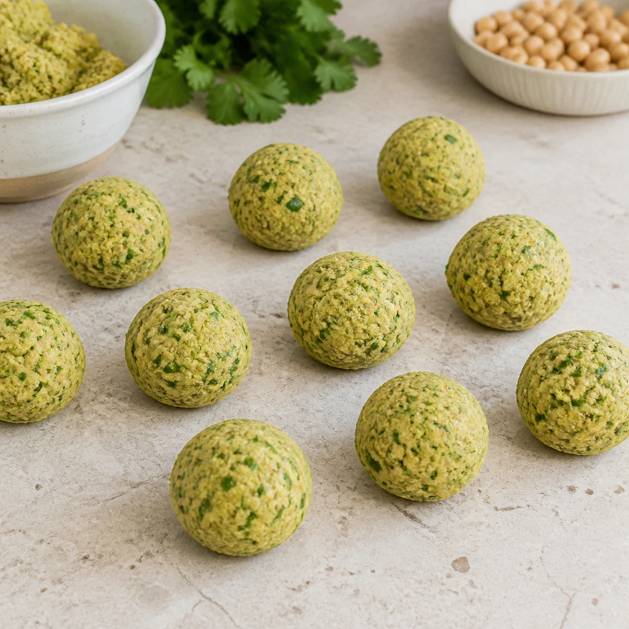 Une dizaine de boules de pâte à falafel vert pâle mouchetée de coriandre, alignées sur un plan de travail en pierre claire, surface encore granuleuse. Aucune main, aucun texte, aucune marque.