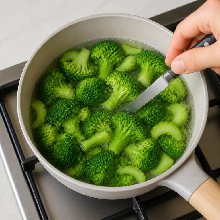 Gros plan pédagogique de fais cuire les fleurettes et demi-rondelles de tige de 180 g de brocoli jusqu'à ce qu'elles soient vert vif et tendres sous la pointe du couteau. Montrer le récipient exact, une main adulte avec l'ustensile adapté et la couleur ou texture qui prouve la cuisson. Aucun autre aliment ne doit masquer le résultat.