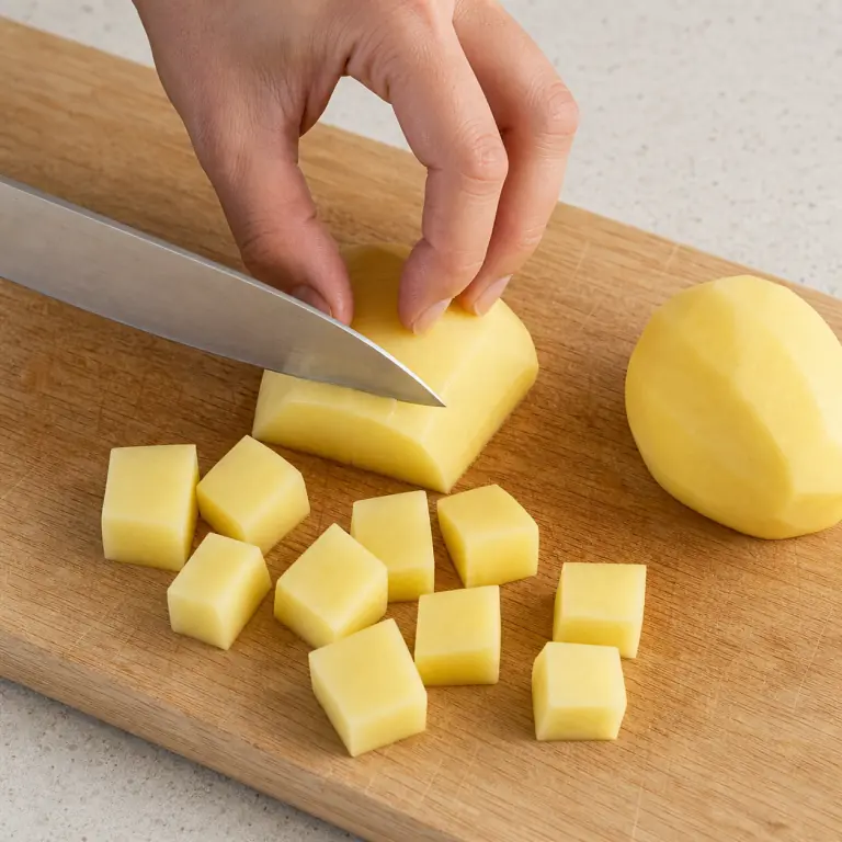 Gros plan pédagogique d'une main adulte qui épluche 250 g de pommes de terre, stabilise chaque pomme de terre sur une face plate puis coupe-la en cubes réguliers de 2 cm, avec lame visible, doigts en griffe, portion intacte et morceaux finis de taille lisible. Aucun autre aliment sur la planche.