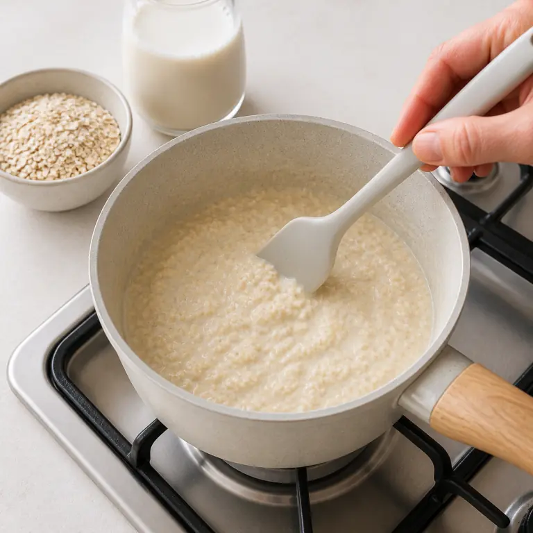 Une crème d'avoine pâle en cuisson douce dans une casserole.