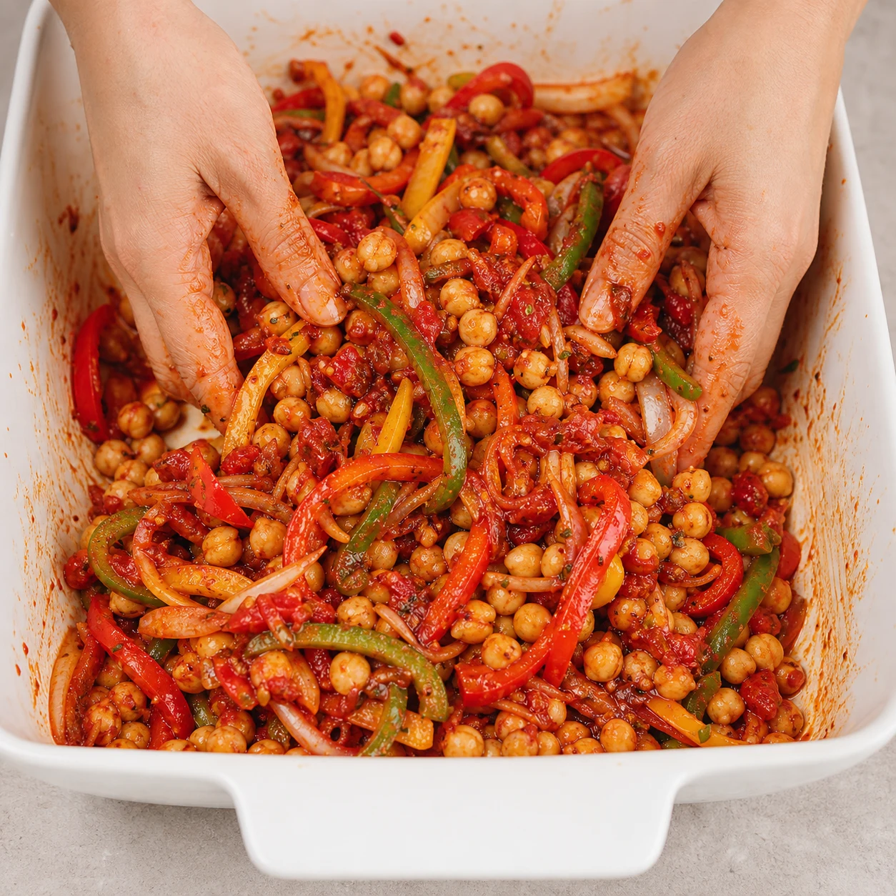 Deux mains propres mélangent les pois chiches, légumes et sauce directement dans le plat, mélange encore cru mais uniformément enrobé.
