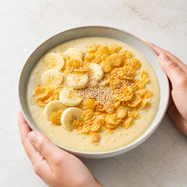 Le smoothie bowl soja banane terminé et prêt à manger.