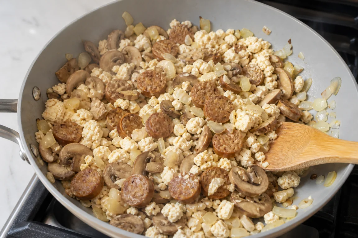 Illustration de l’étape « Étape 1 » pour la recette Seitan Liens Tofu Scramble.
