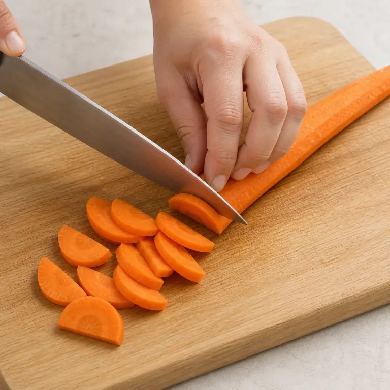 Gros plan pédagogique d'une main adulte qui épluche 150 g de carotte, stabilise-la sur la planche puis coupe-la en demi-rondelles régulières de 5 mm avec les doigts repliés en griffe, avec lame visible, doigts en griffe, portion intacte et morceaux finis de taille lisible. Aucun autre aliment sur la planche.