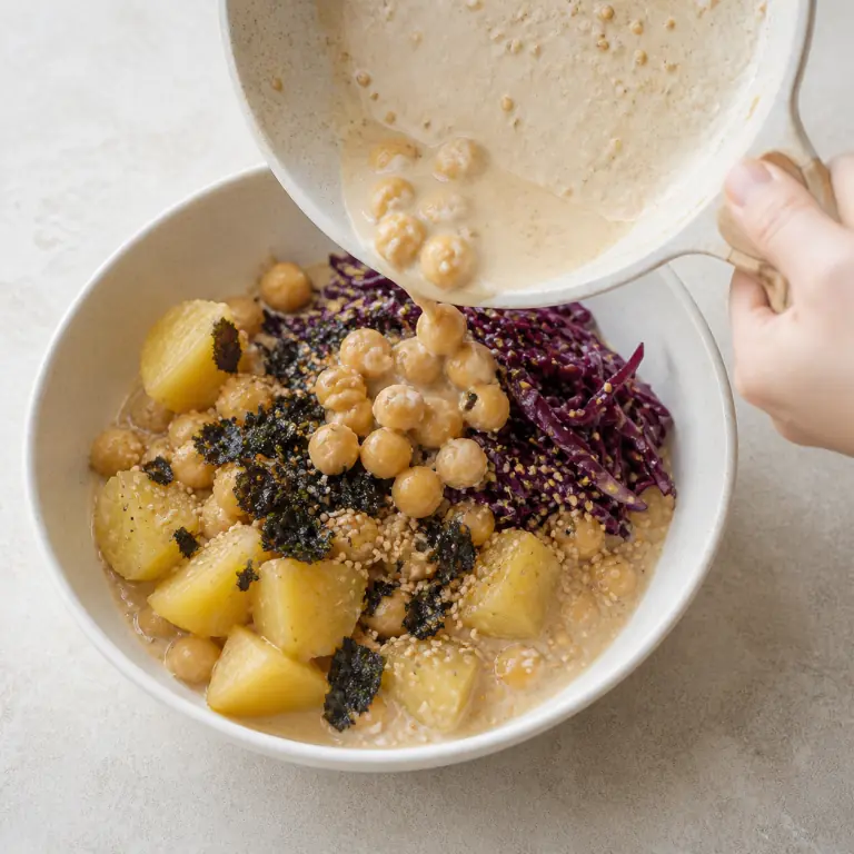 Un bol final de bowl pommes de terre sésame avec légumes, pois chiches, nori et sésame.