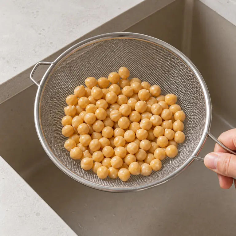 Des pois chiches rincés dans une passoire fine.