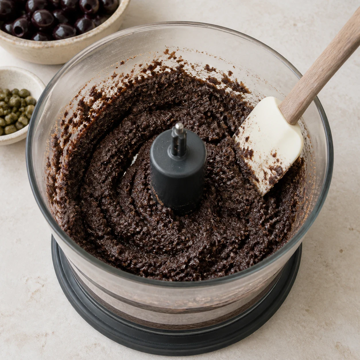 Tapenade brun foncé légèrement granuleuse dans un bol de mixeur en verre, spatule appuyée contre la paroi, quelques grains d'olive visibles, aucune main, aucun texte, aucune marque.