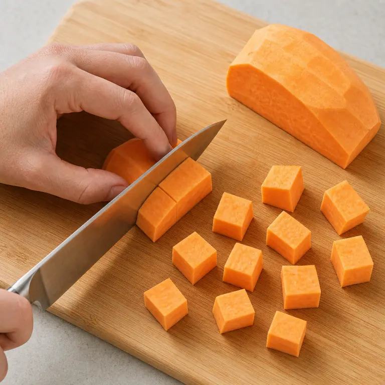 Gros plan pédagogique d'une main adulte qui épluche 250 g de patate douce, coupe-la en deux pour créer une face stable puis détaille-la en cubes réguliers de 2 cm, avec lame visible, doigts en griffe, portion intacte et morceaux finis de taille lisible. Aucun autre aliment sur la planche.