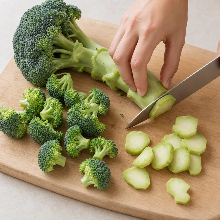 Gros plan pédagogique d'une main adulte qui rince 180 g de brocoli, détache des fleurettes de taille bouchée au couteau, puis pèle la tige et coupe-la en demi-rondelles de 5 mm, avec lame visible, doigts en griffe, portion intacte et morceaux finis de taille lisible. Aucun autre aliment sur la planche.