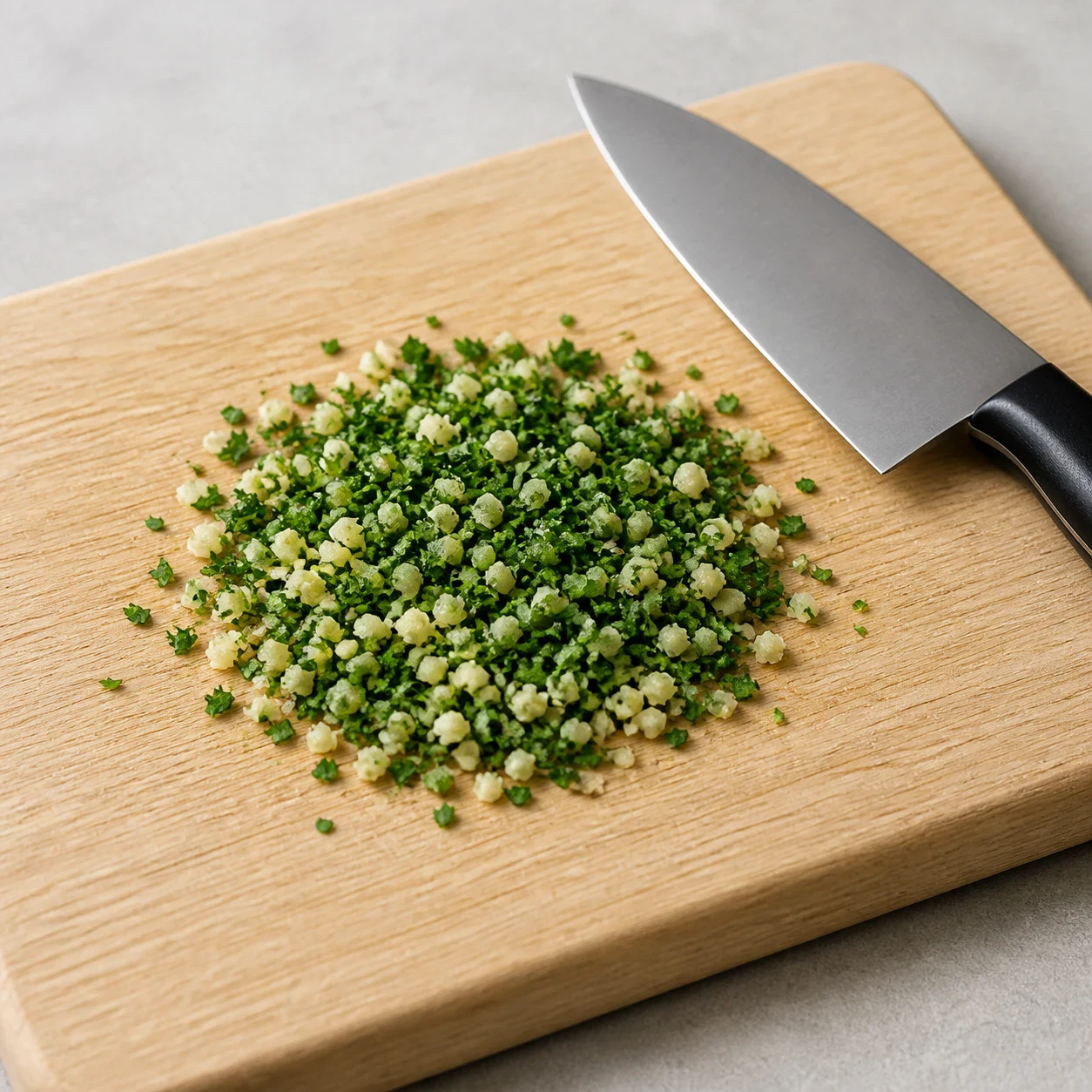 Ail haché finement et persil plat haché finement mélangés en un petit tas sur une planche à découper en bois clair, un couteau de chef posé à côté, aucun autre ingrédient, aucune main, aucun texte, aucune marque.