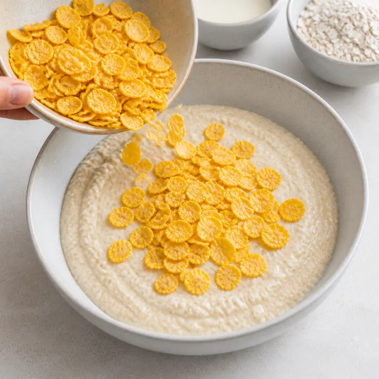 Une crème d'avoine épaisse et lisse surmontée uniquement de corn flakes croustillants, sans fruit ni graines.