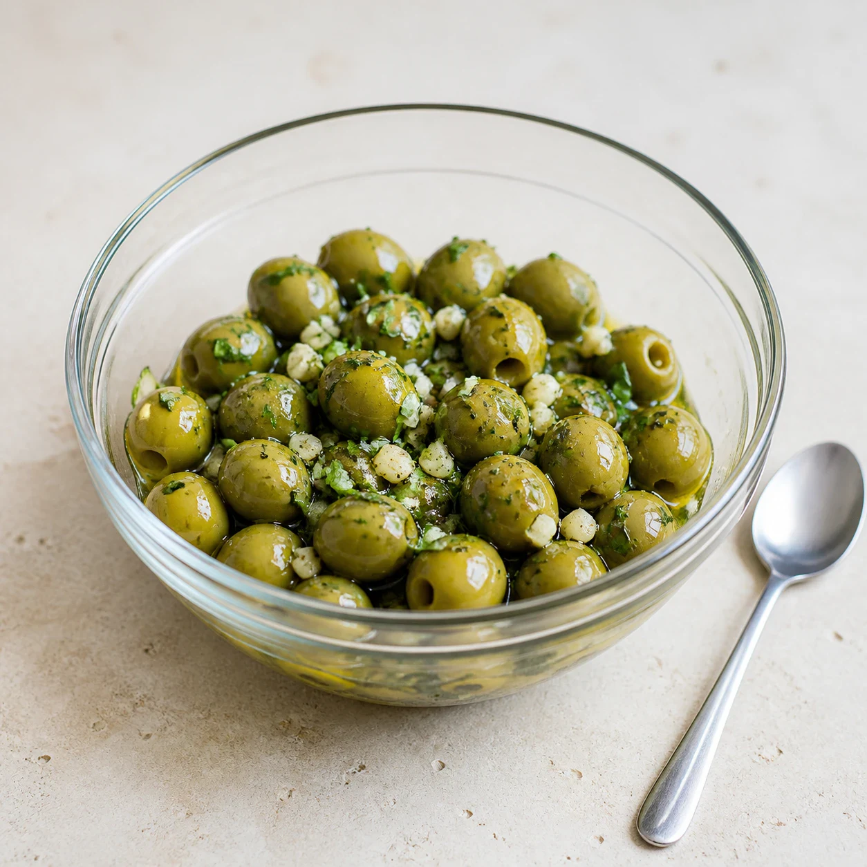 Bol en verre transparent vu de trois quarts contenant des olives vertes mélangées à de l'huile d'olive, des éclats d'ail blanc, des lanières de basilic frais et du poivre noir moulu, cuillère posée à côté, aucune main, aucun texte, aucun filigrane, aucune marque.