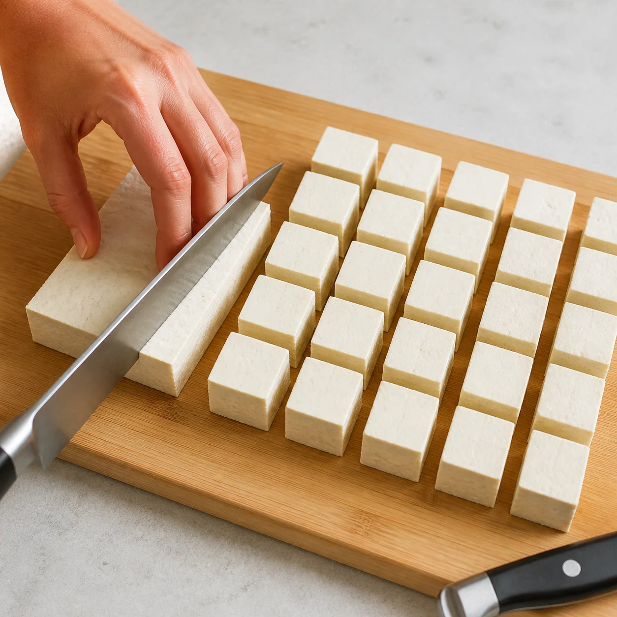 Cubes de tofu nature blancs et réguliers alignés sur une planche à découper en bois clair, un couteau de chef posé sur le côté, aucune main, aucun autre ingrédient, aucun texte.