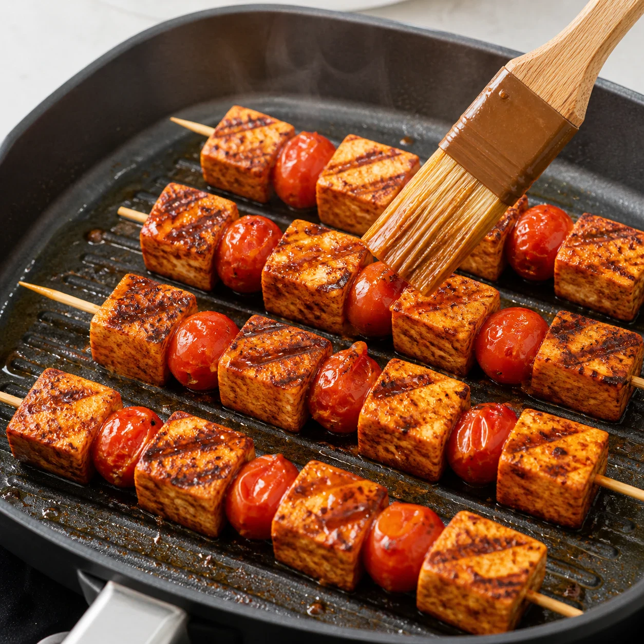 Brochettes de tofu au paprika fumé en cours de cuisson sur une plancha chaude, cubes orange brique marqués de traces de grill brunes alternés avec des tomates cerises dont la peau se fend, aucune main, aucun texte, aucune marque.