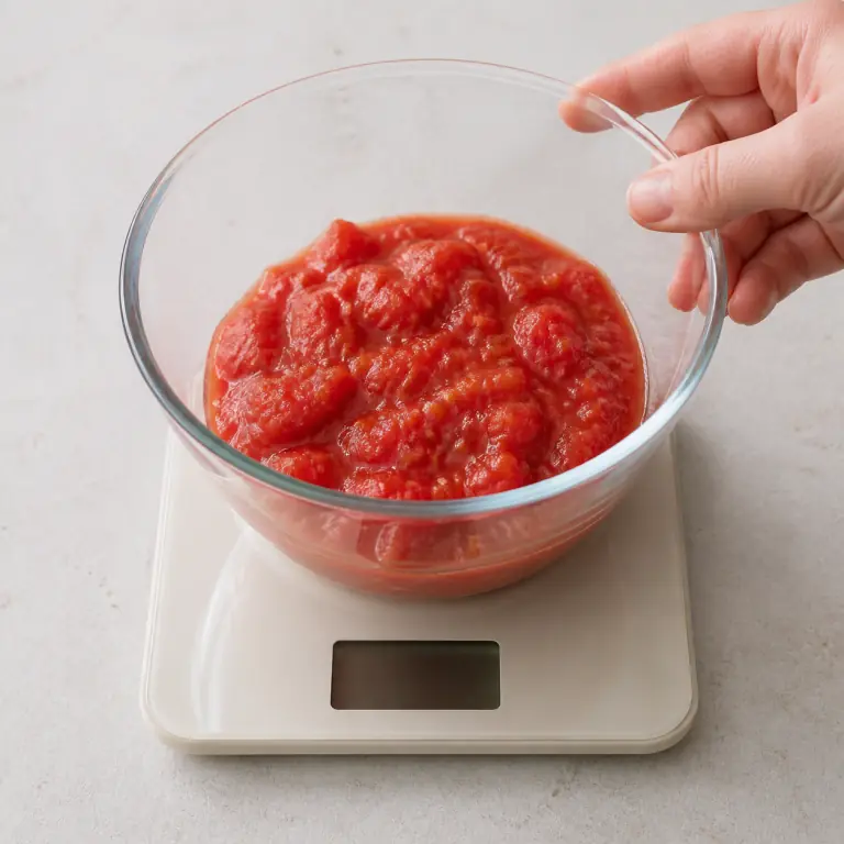 Gros plan pédagogique du geste en cours : mesure 200 g de tomate concassée ; elle est déjà découpée et ne doit pas être recoupée. Montrer uniquement cet ingrédient et l'ustensile nécessaire.