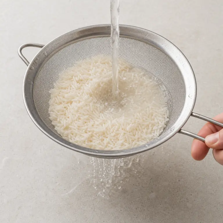 Gros plan pédagogique du geste en cours : rince 80 g de riz basmati dans une passoire fine jusqu'à ce que l'eau soit presque claire. Montrer uniquement cet ingrédient et l'ustensile nécessaire.