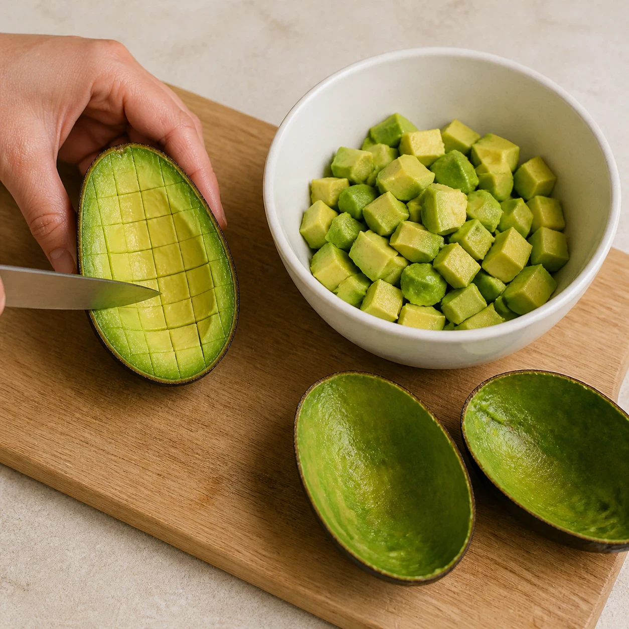 Une moitié d'avocat quadrillée à la pointe du couteau à côté d'un bol blanc rempli de cubes d'avocat verts, peaux d'avocat vides posées sur la planche, aucun texte, aucune marque.