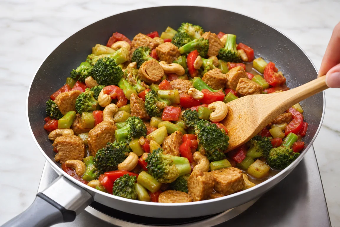 Illustration de l’étape « Étape 4 » pour la recette Brocoli sauté avec Seitan et Cashews.