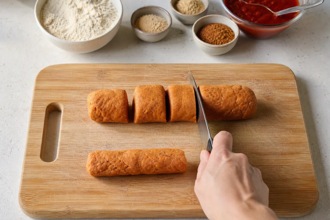 Illustration de l’étape « Étape 3 » pour la recette Saucisses chipotle de seitan à la vapeur.