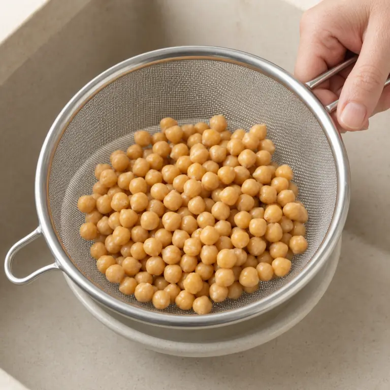 Des pois chiches rincés dans une passoire fine.