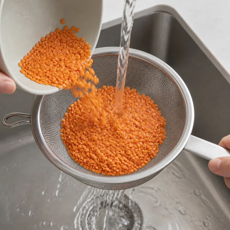 Gros plan pédagogique du geste en cours : verse 90 g de lentilles corail dans une passoire fine et rince-les jusqu'à ce que l'eau soit claire. Montrer uniquement cet ingrédient et l'ustensile nécessaire.