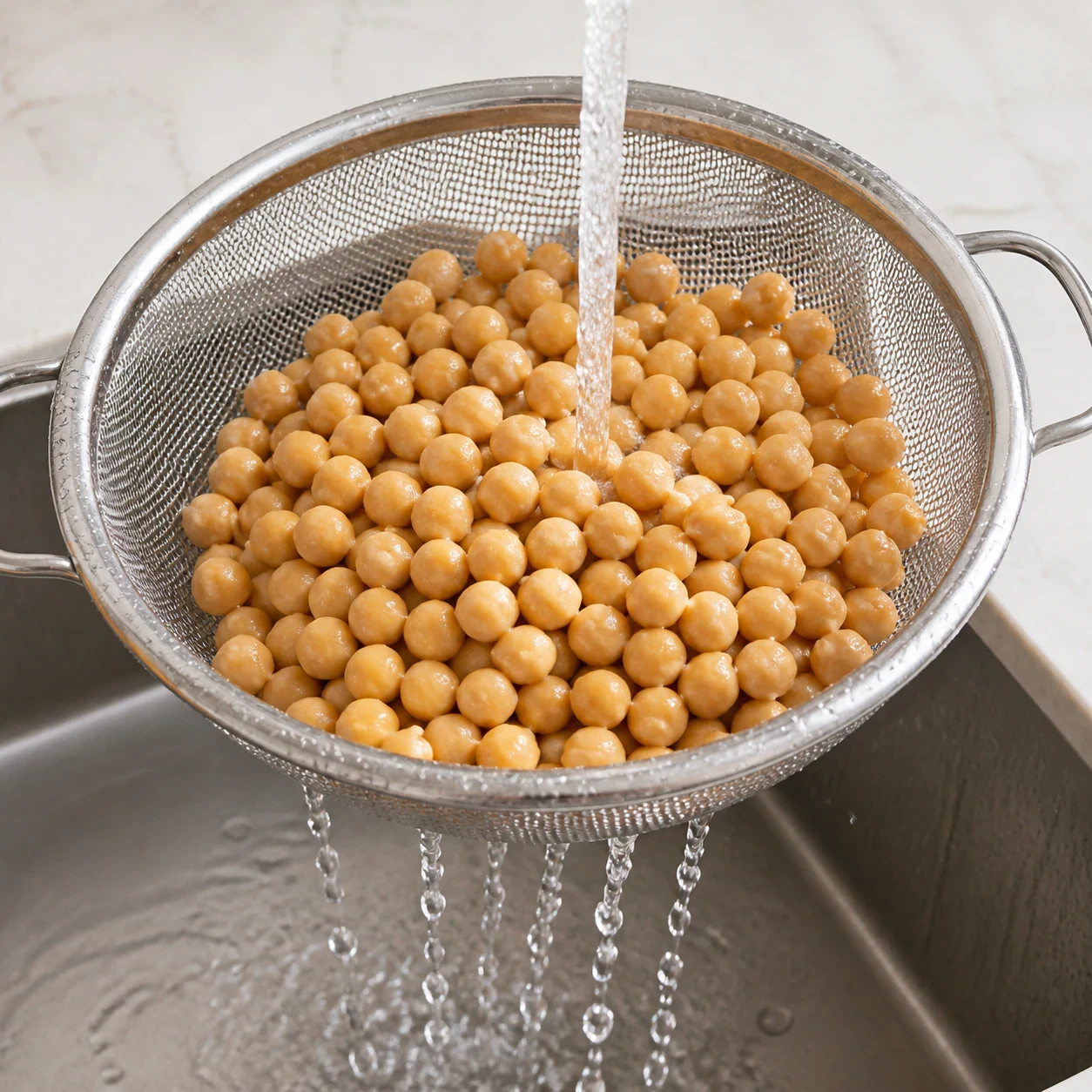 Pois chiches cuits égouttés dans une passoire métallique au-dessus d'un évier, gouttes d'eau visibles, aucun autre ingrédient, aucune personne, aucun texte.