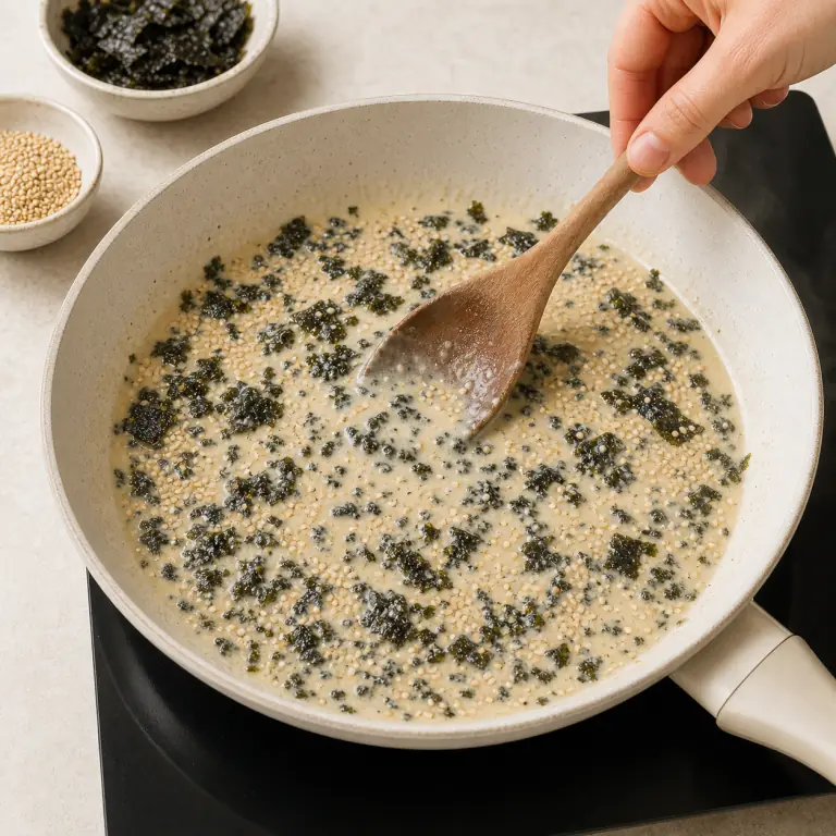 Une sauce végétale crémeuse avec paillettes de nori et graines de sésame.