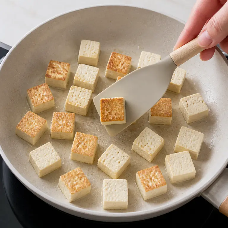 Gros plan pédagogique de fais dorer les cubes de 180 g de tofu dans une poêle chaude et retourne-les seulement quand la face du dessous est dorée. Montrer le récipient exact, une main adulte avec l'ustensile adapté et la couleur ou texture qui prouve la cuisson. Aucun autre aliment ne doit masquer le résultat.