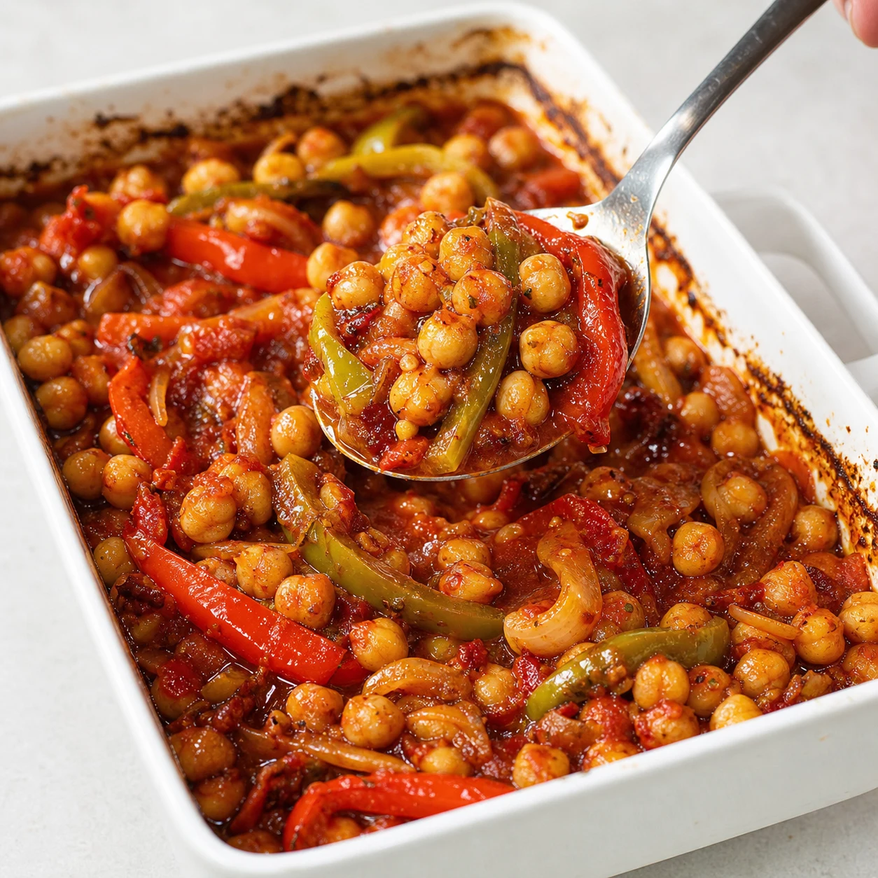 Cuillère soulevant les pois chiches et poivrons rôtis dans une sauce tomate épaisse depuis le plat final.
