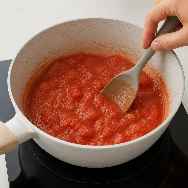 Gros plan pédagogique de laisse mijoter 200 g de tomate concassée jusqu'à ce que la sauce épaississe légèrement. Montrer le récipient exact, une main adulte avec l'ustensile adapté et la couleur ou texture qui prouve la cuisson. Aucun autre aliment ne doit masquer le résultat.