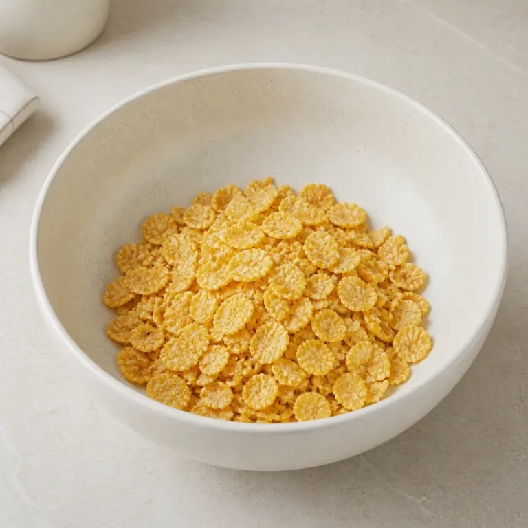 Des corn flakes dorés pesés dans un grand bol clair.