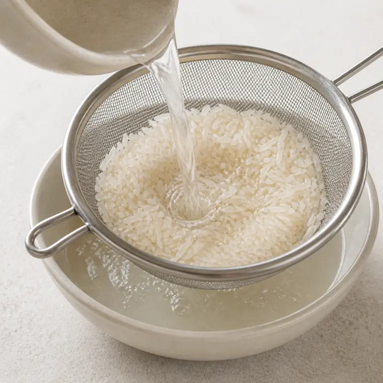 Gros plan pédagogique du geste en cours : rince 80 g de riz basmati dans une passoire fine jusqu'à ce que l'eau soit presque claire. Montrer uniquement cet ingrédient et l'ustensile nécessaire.