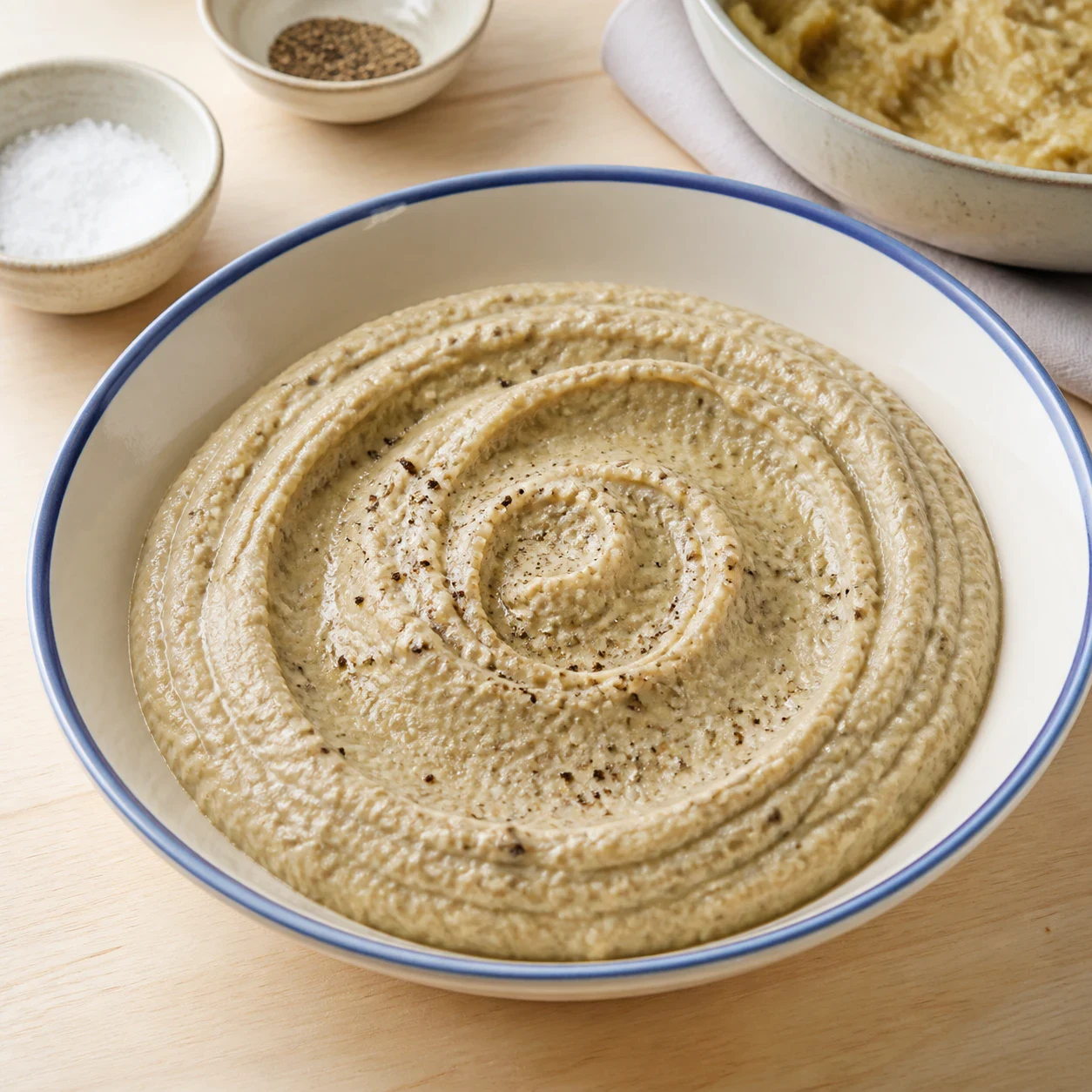 Caviar d'aubergine beige clair dressé en spirale dans un bol creux à liseré bleu posé sur un plan de travail en bois clair, points de poivre noir moulu visibles en surface, aucune herbe, aucun texte, aucune marque.