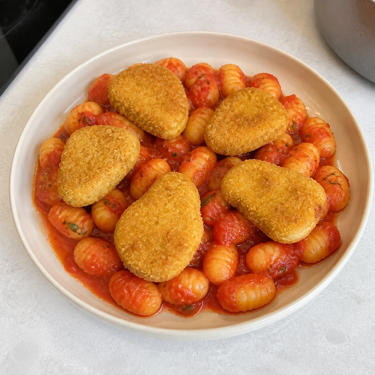 Nuggets et gnocchis tomate — dresser le plat