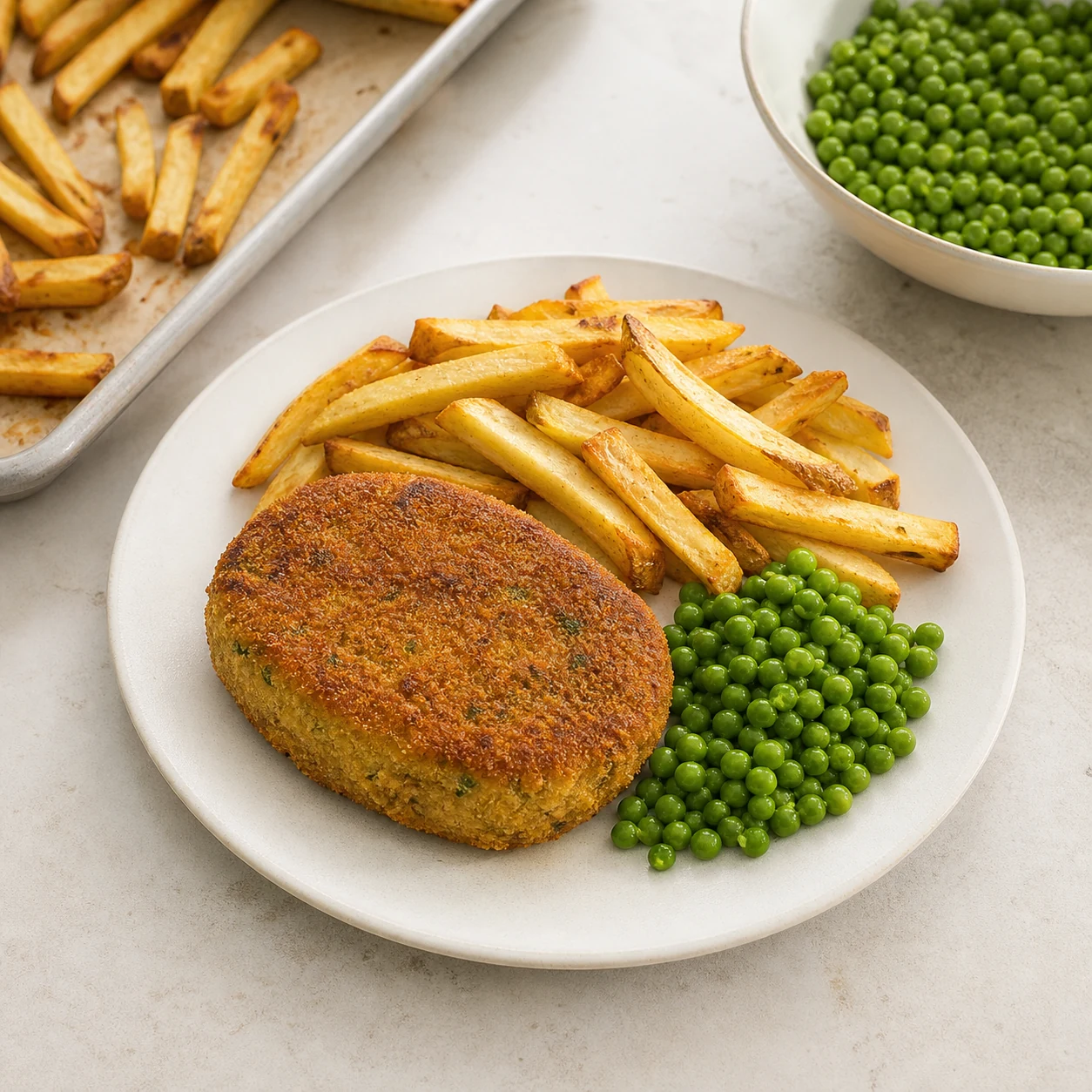 Cordon British-frites-petits pois — dresser les assiettes
