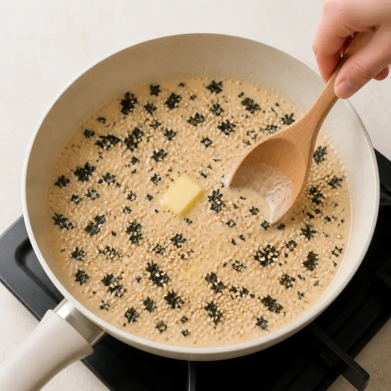 Une sauce végétale crémeuse avec paillettes de nori et graines de sésame.