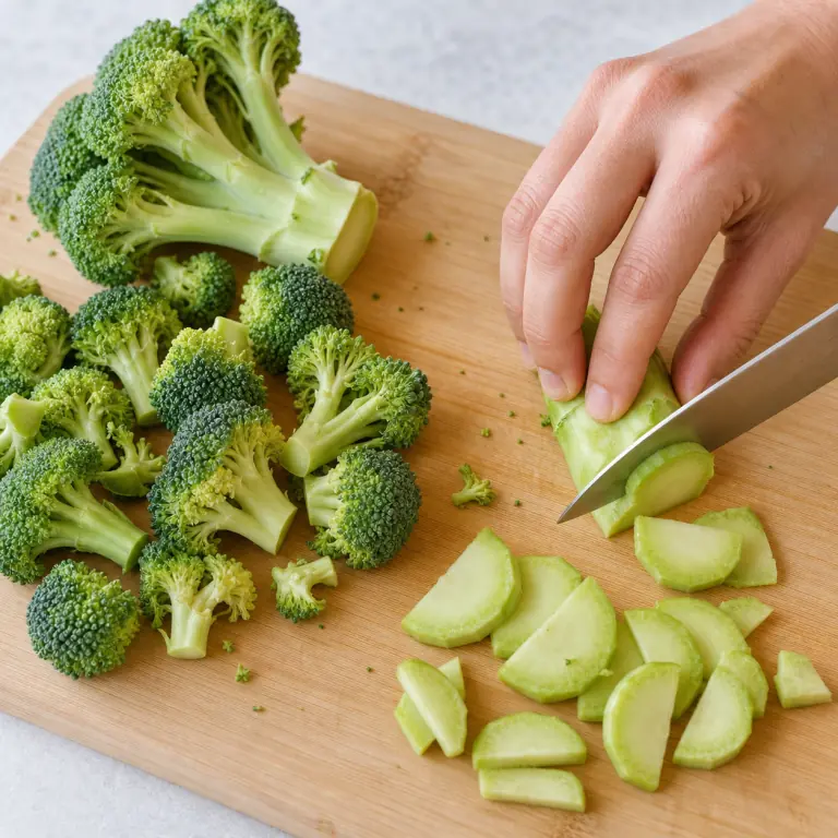 Gros plan pédagogique d'une main adulte qui rince 180 g de brocoli, détache des fleurettes de taille bouchée au couteau, puis pèle la tige et coupe-la en demi-rondelles de 5 mm, avec lame visible, doigts en griffe, portion intacte et morceaux finis de taille lisible. Aucun autre aliment sur la planche.