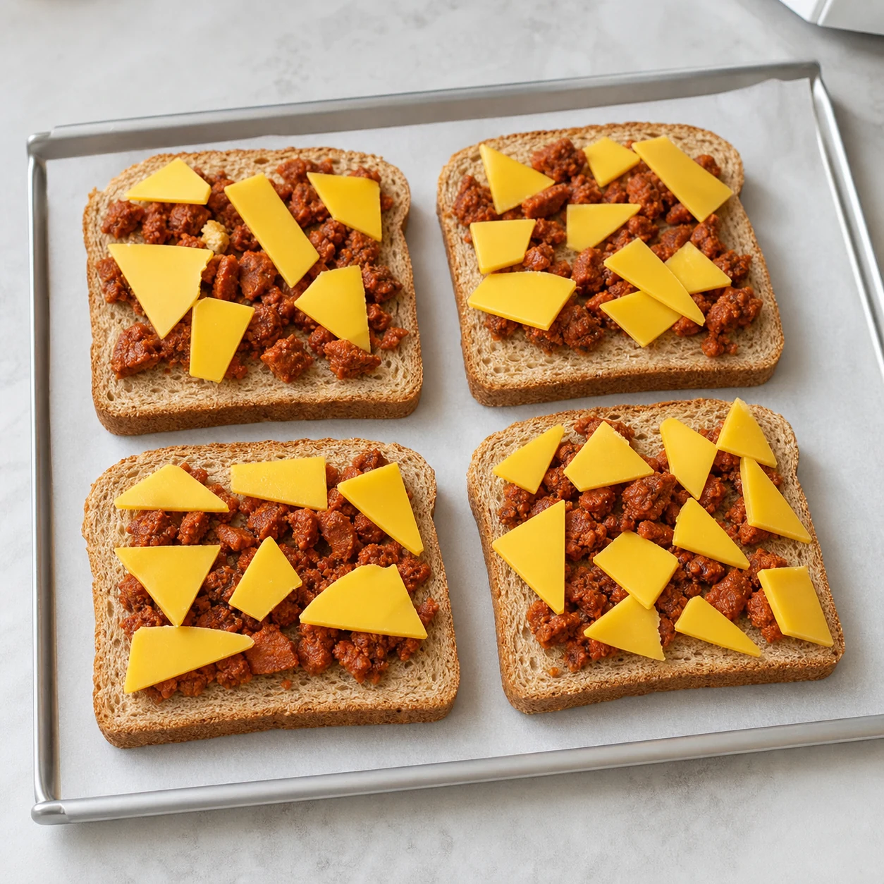 Toast chorizo-cheddar — garnir les tartines