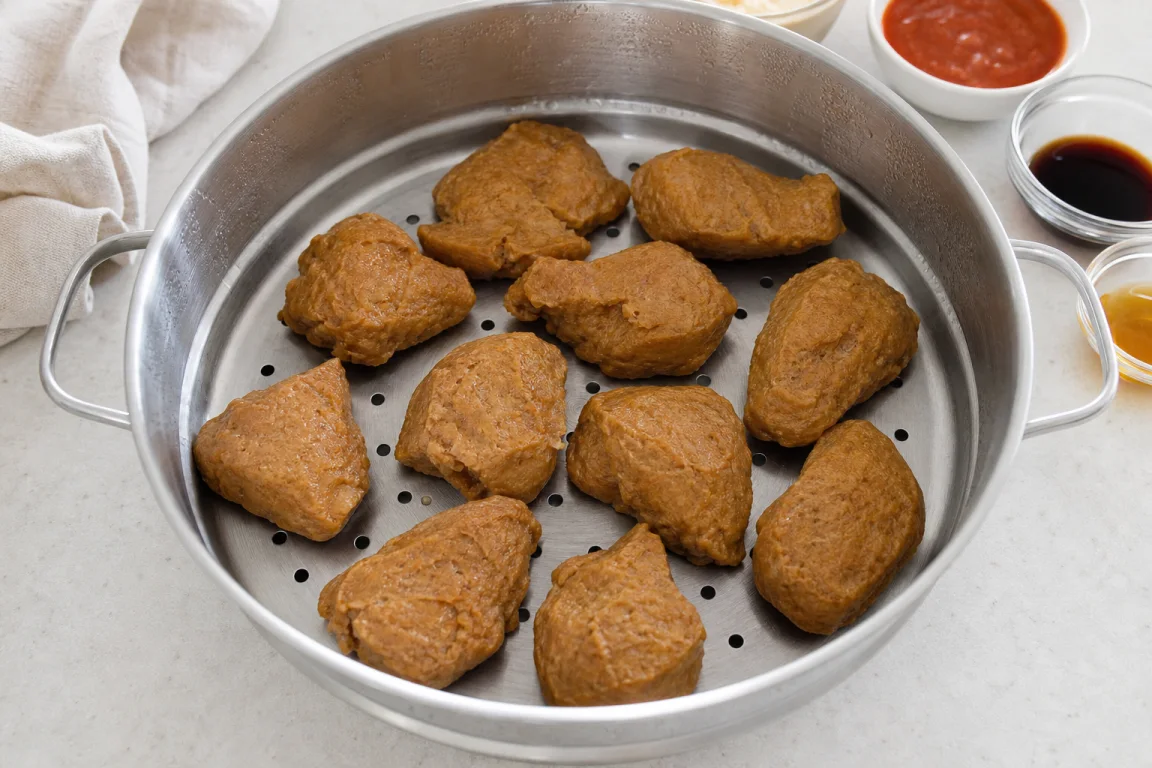 Illustration de l’étape « Étape 6 » pour la recette Nuggets fumés de seitan à la vapeur.