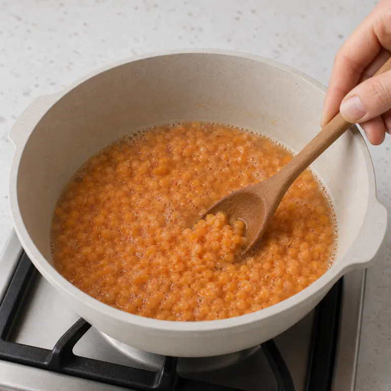 Gros plan pédagogique de fais frémir 90 g de lentilles corail jusqu'à ce qu'elles soient tendres et encore identifiables. Montrer le récipient exact, une main adulte avec l'ustensile adapté et la couleur ou texture qui prouve la cuisson. Aucun autre aliment ne doit masquer le résultat.