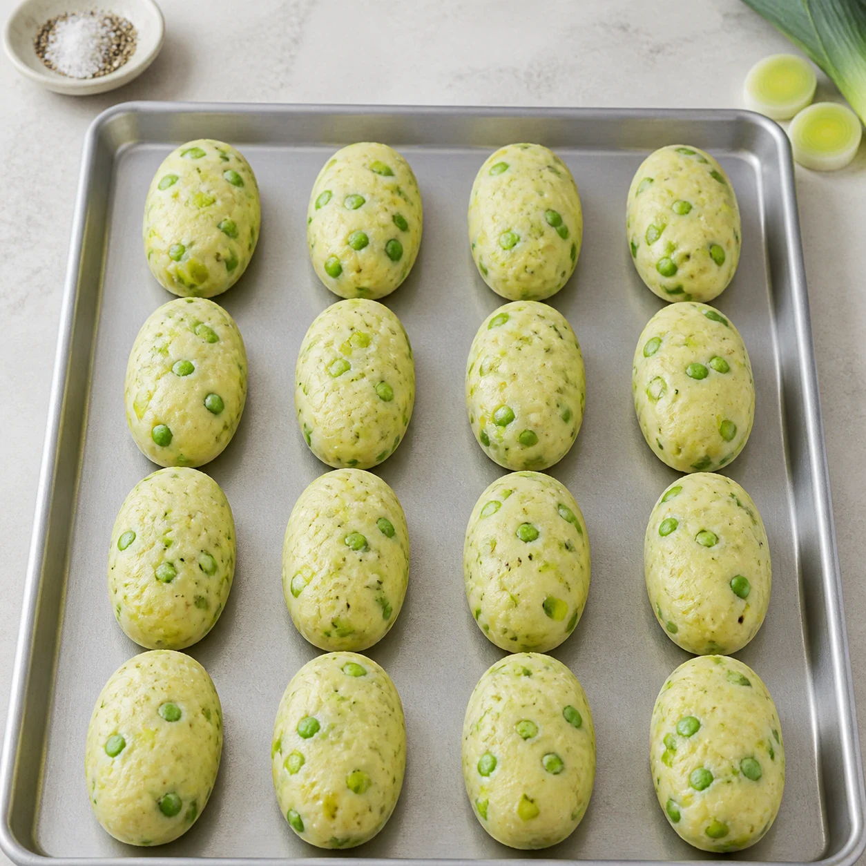 Seize croquettes ovales de purée de pomme de terre blanche parsemée de petits pois verts et de morceaux de poireau, alignées sur une plaque de cuisson, surface lisse. Aucune panure, aucune main, aucun texte, aucune marque.